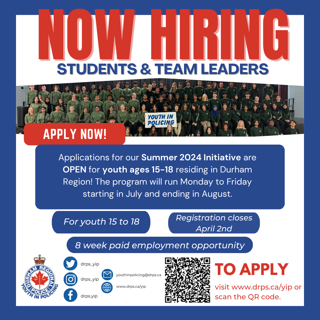 Youth in Policing Hiring Now - Summer 2024 - Durham Regional Police Service